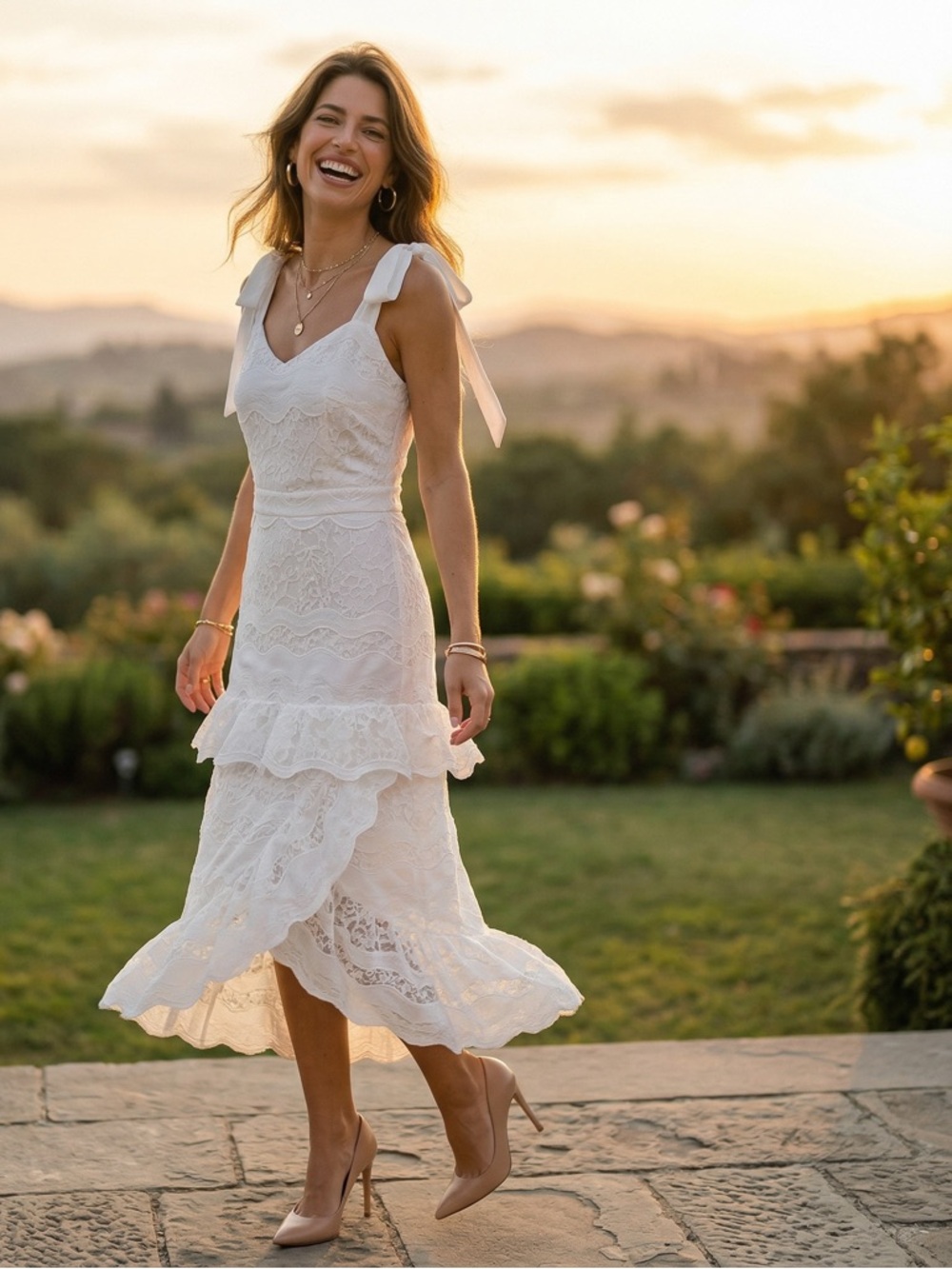 White Eyelet Tie Strap Ruffle Hem Midi Dress Small NWT
